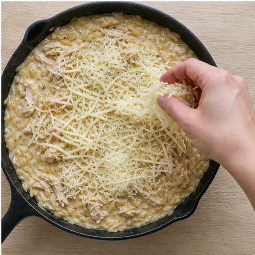 Step 4: Stir in shredded mozzarella and grated Parmesan until melted and creamy.