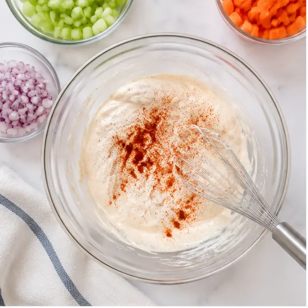 Step 1: Mixing the creamy dressing with diced vegetables