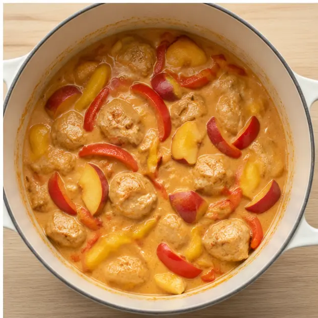 Step 4: Add bell peppers and peach chunks to finish
