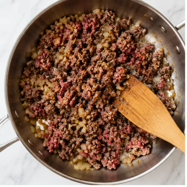 Step 1: Browning ground beef and onion