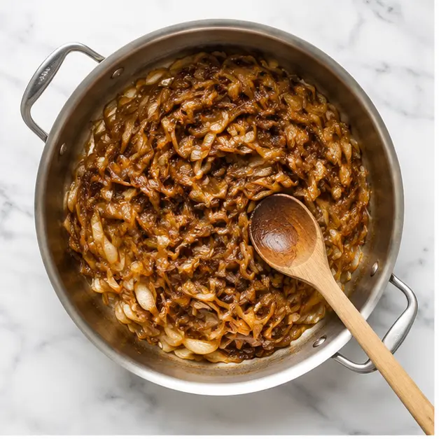 Step 1: Caramelizing sliced yellow onions in olive oil