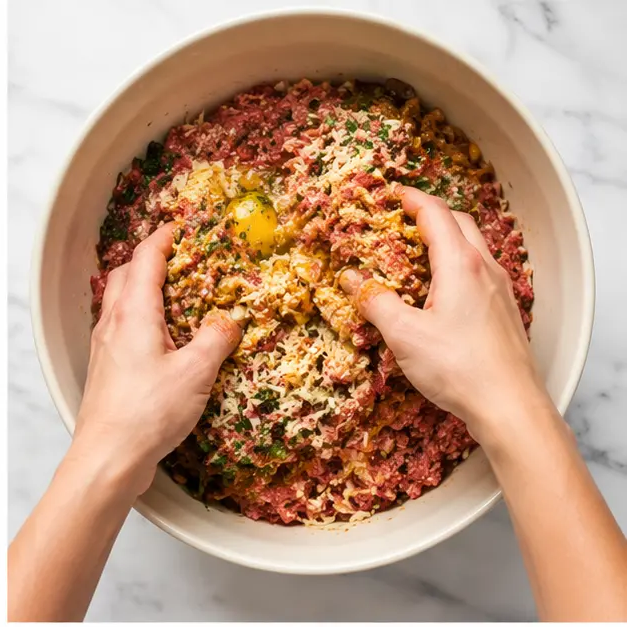Step 2: Gently mixing meatloaf ingredients together