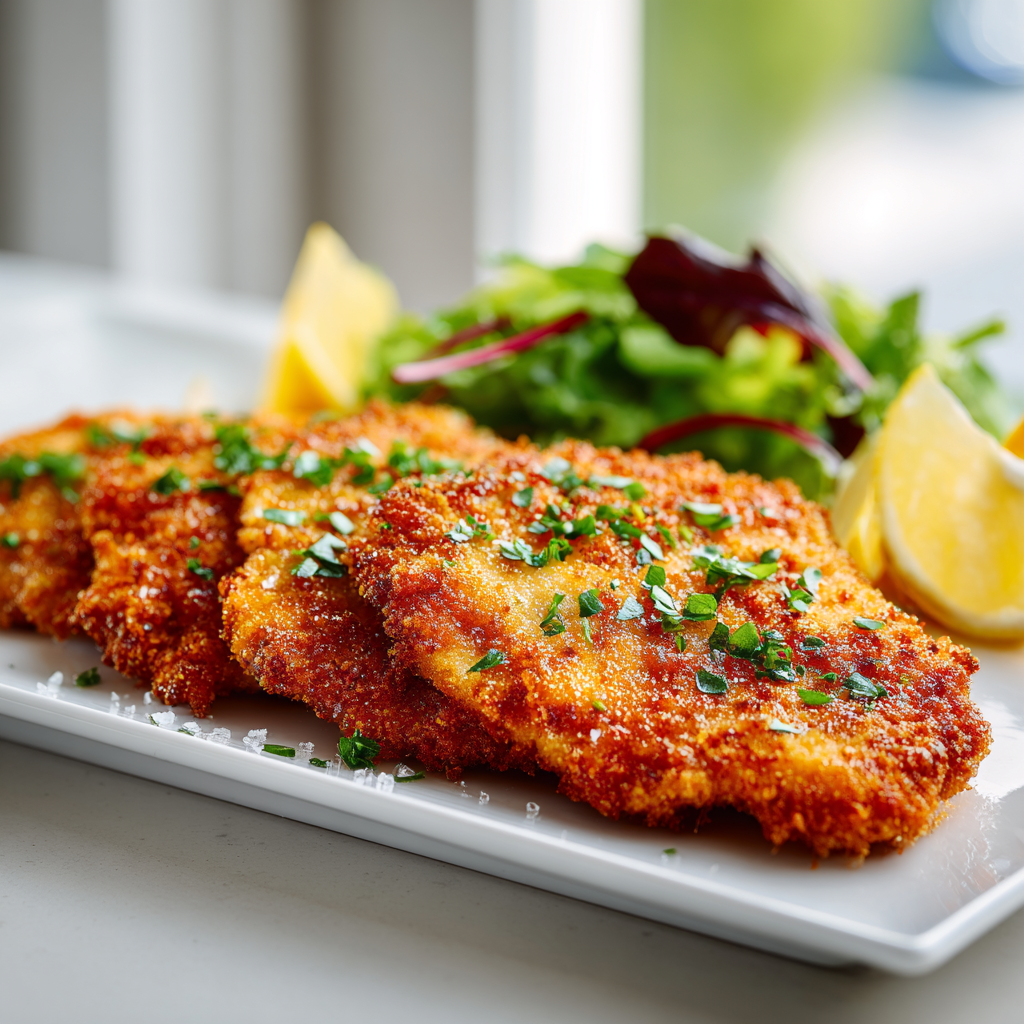 Sliced giant chicken cutlet on a platter with lemon wedges and flaky salt
