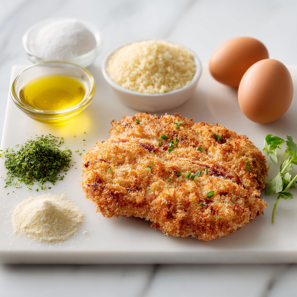 Ingredients for giant chicken cutlet: ground chicken, panko, eggs, flour, spices