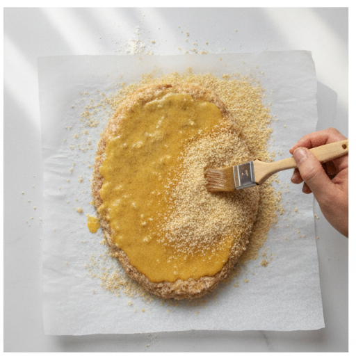Brushing egg wash on the cutlet and sprinkling panko breadcrumbs