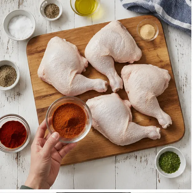 Step 1: Seasoning raw chicken leg cuts with dry rub