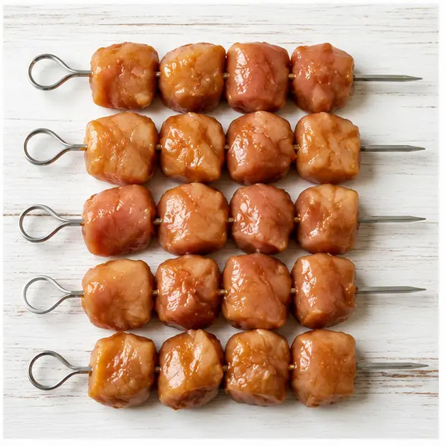 Step 4: Threading marinated chicken onto metal skewers
