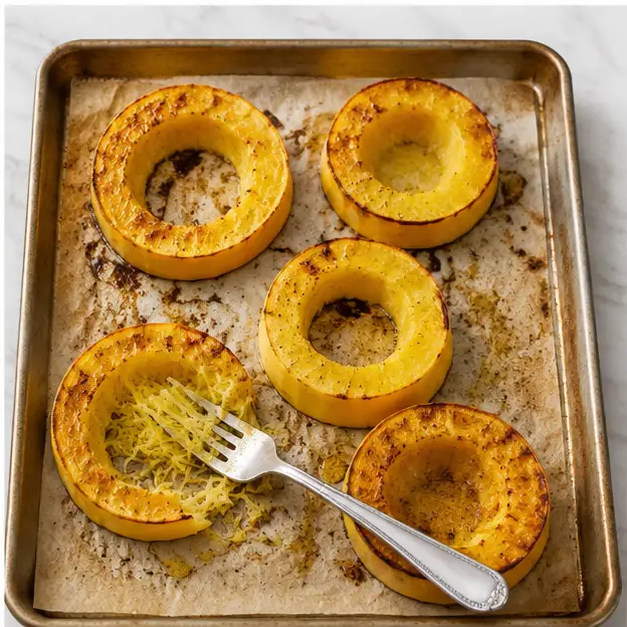 Step 4: Shredding the roasted squash strands with a fork