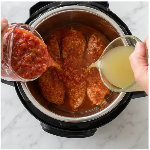 Step 2: Adding salsa and chicken broth to the Instant Pot