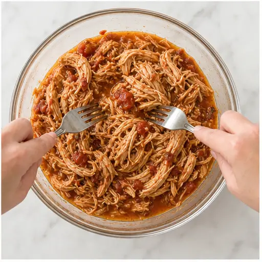 Step 4: Shredding the cooked chicken with two forks