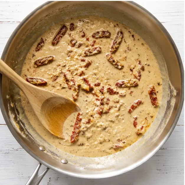 Step 3: Simmer cream sauce with sun-dried tomatoes