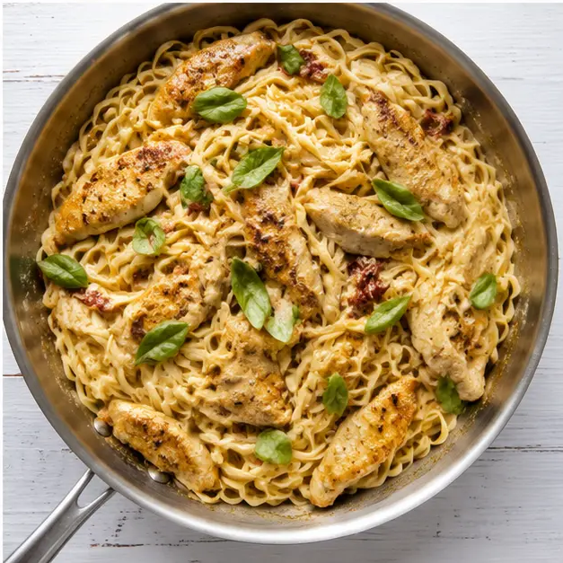 Step 4: Combine pasta and chicken with creamy sauce