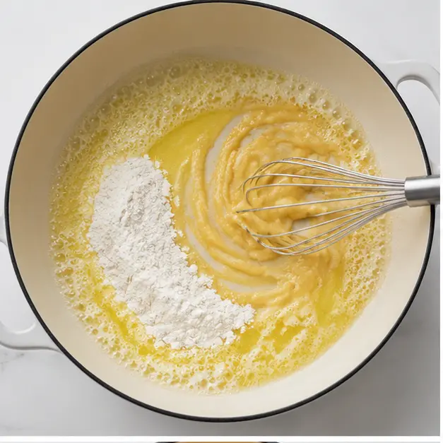 Step 1: Whisking butter and flour into a roux