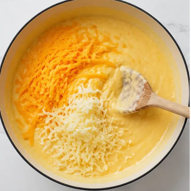 Step 3: Stirring shredded cheese into the sauce