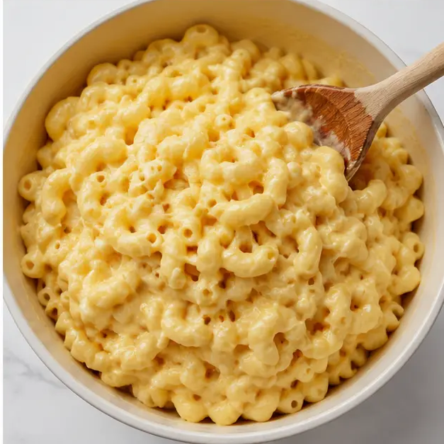 Step 4: Folding cooked macaroni into cheese sauce
