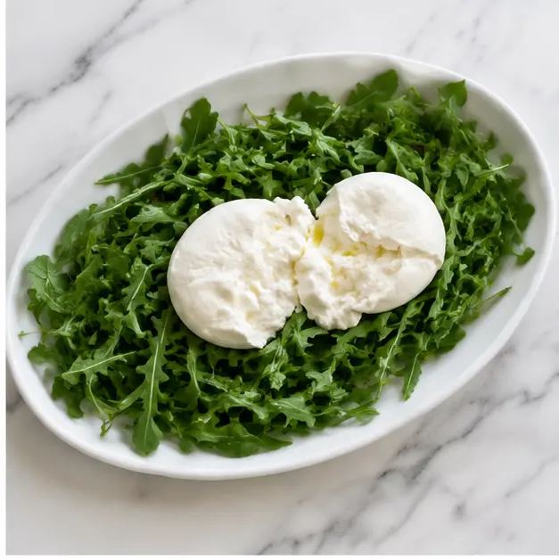 Step 2: Spread arugula and tear burrata onto platter