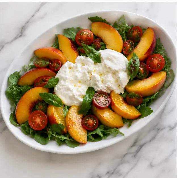 Step 3: Arrange peach wedges, tomatoes, and basil leaves