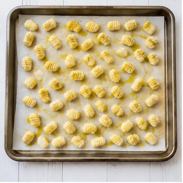 Step 1: Toss raw gnocchi with oil and seasonings on a baking sheet