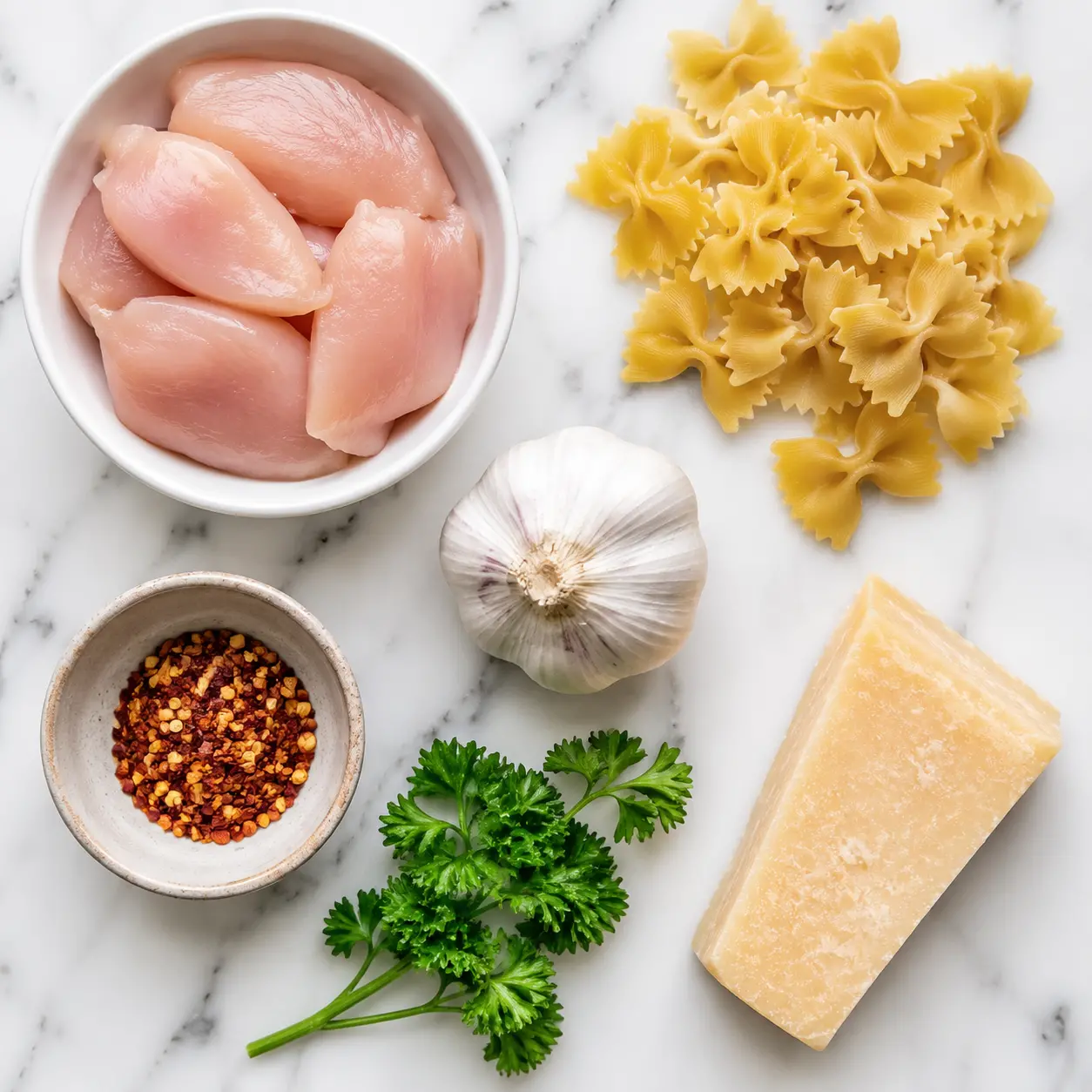 spicy chicken bowtie pasta - main ingredients