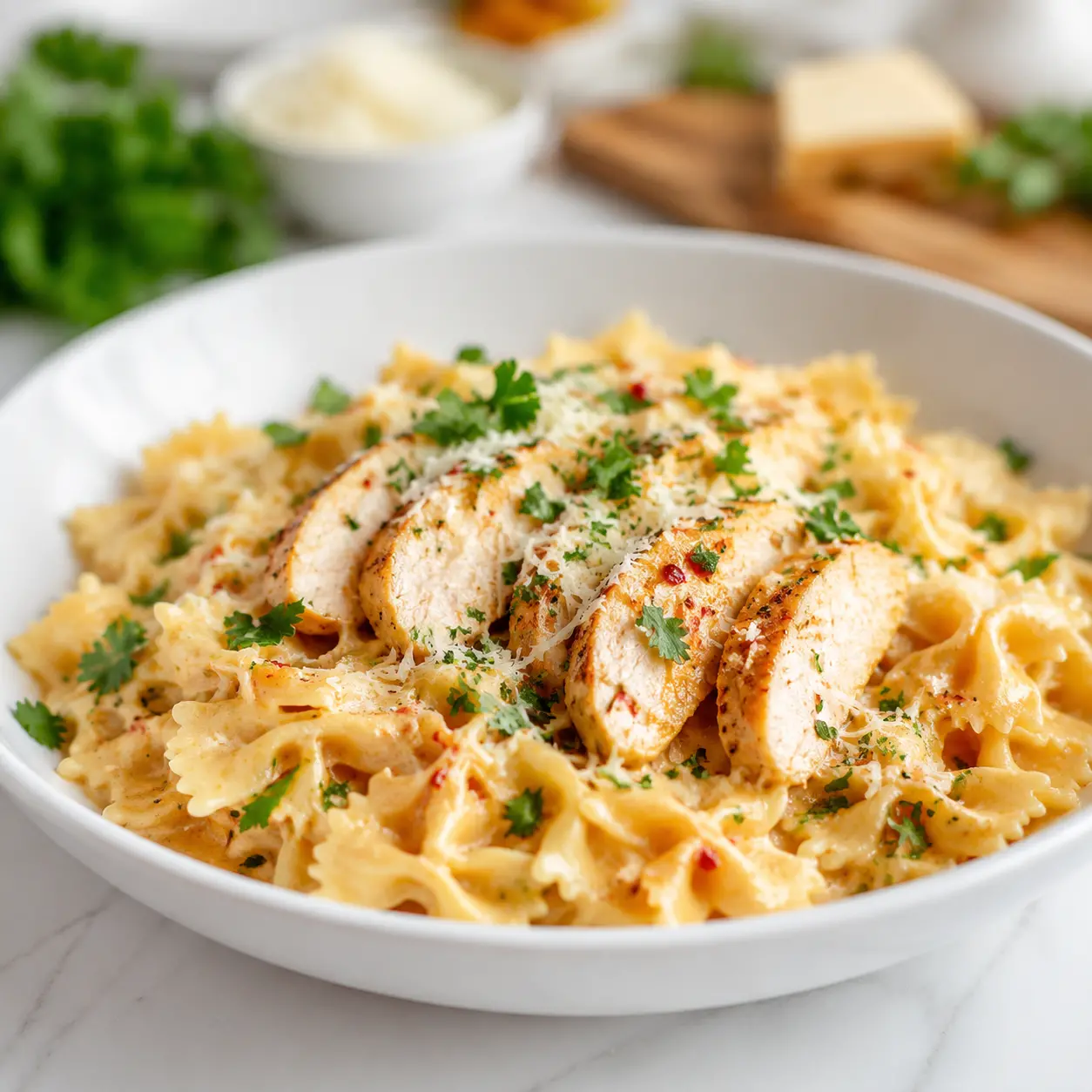 spicy chicken bowtie pasta - final presentation
