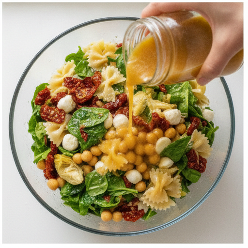 Drizzling dressing over the completed salad