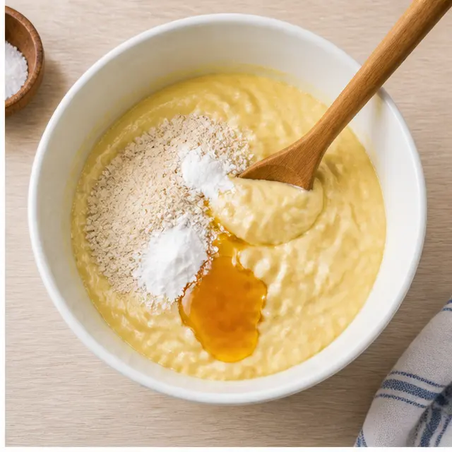 Step 2: Stirring oat flour, honey, baking powder and salt into a thick batter