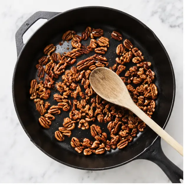 Toast raw pecans in a dry skillet until golden and fragrant