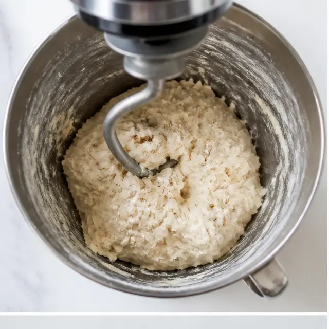 Step 1: Mix the wet, shaggy dough in a stand mixer until it pulls away from the bowl