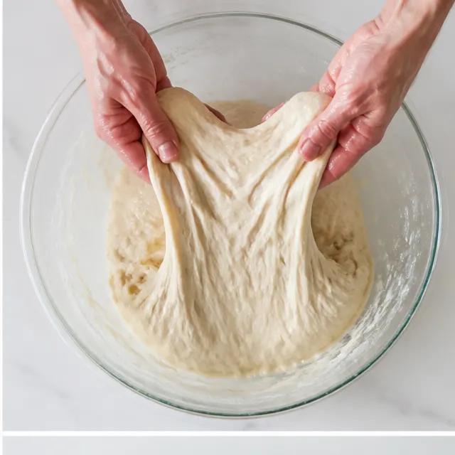 Step 2: Stretch and fold the elastic dough with wet hands in 4-stretch sets