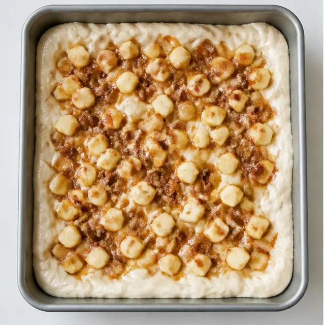 Step 3: Shape the dough in a buttered 9x13 pan and spread the apple filling over the top