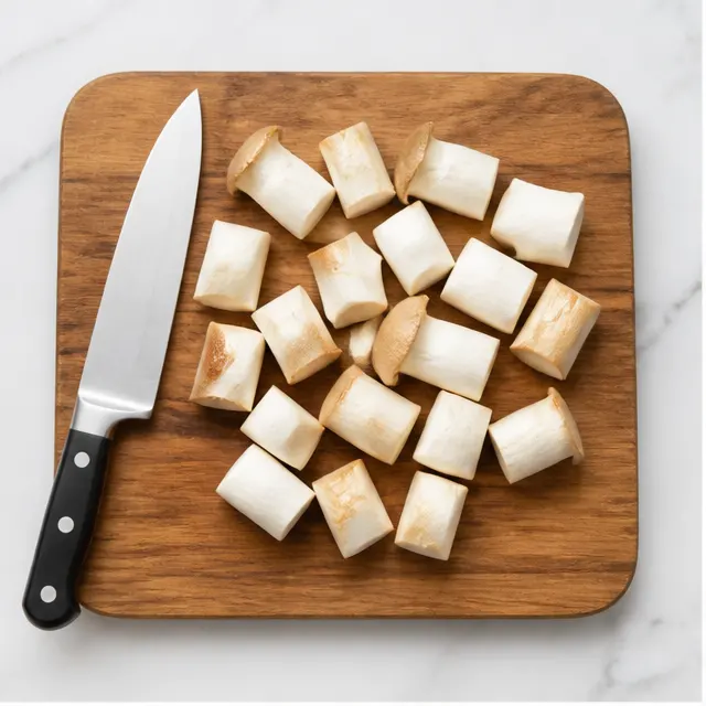 Step 1: Uniform chunks of king oyster mushrooms are ready to cook