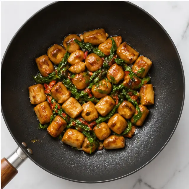 Step 4: Wilted Thai basil is tossed through the finished glaze