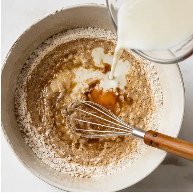 Pouring wet ingredients into the dry mixture