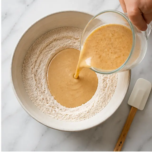 Step 2: Pouring wet ingredients into the flour mixture