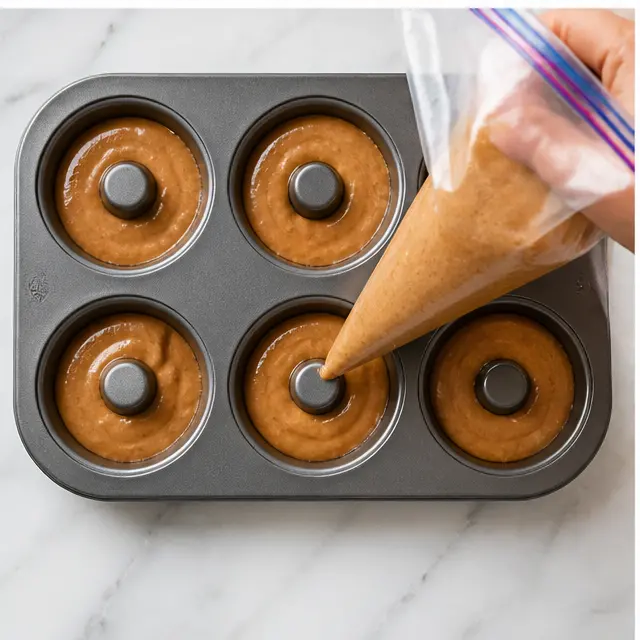 Step 3: Piping thick batter into the donut pan molds
