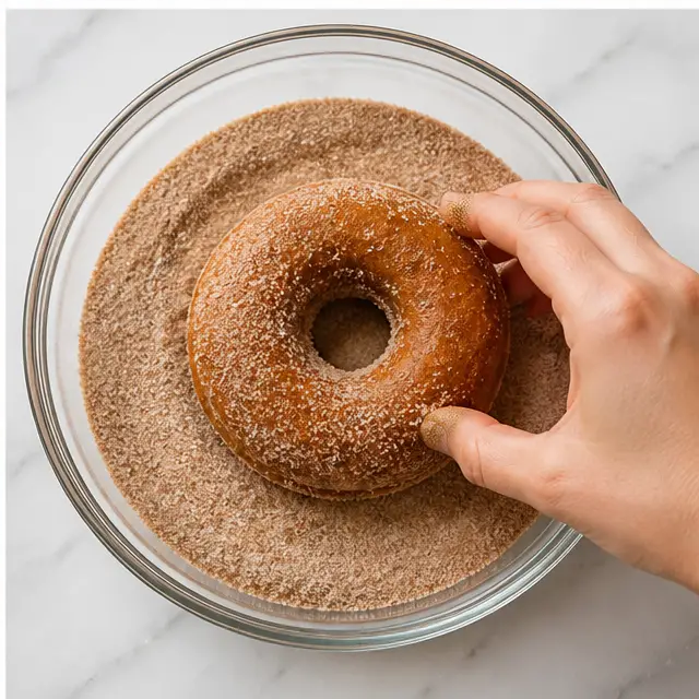 Step 4: Rolling a baked donut in cinnamon sugar coating