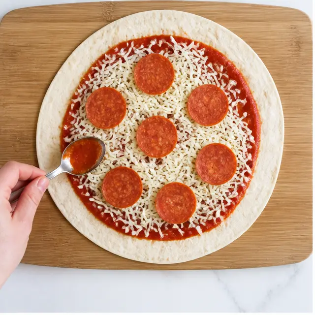 Step 1: Spread pizza sauce on a tortilla and add mozzarella and pepperoni before rolling
