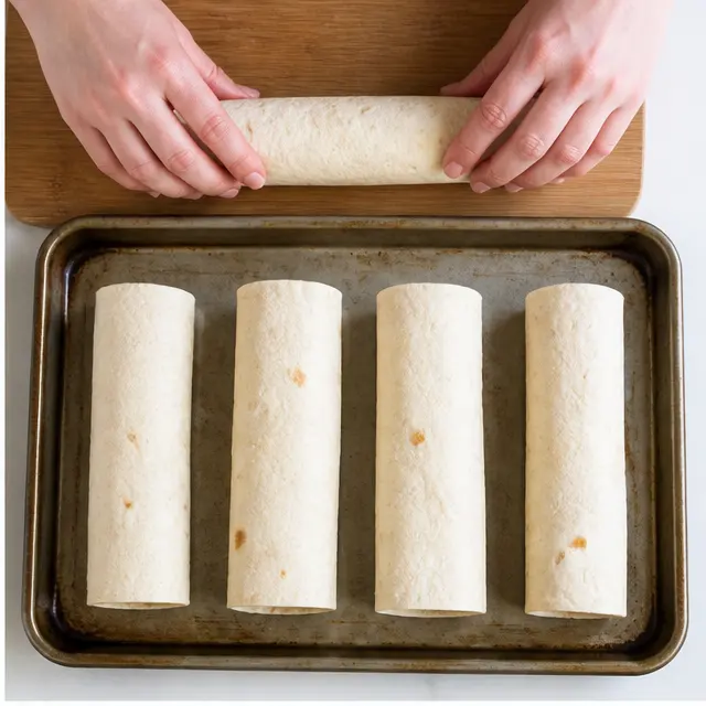 Step 2: Roll each tortilla tightly and place seam side down on a baking sheet