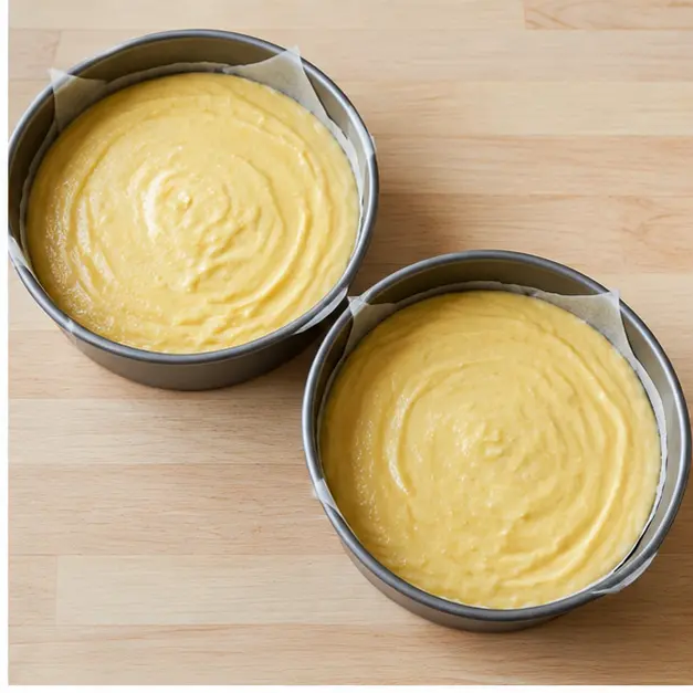 Step 2: divide the batter into two parchment-lined 9-inch pans