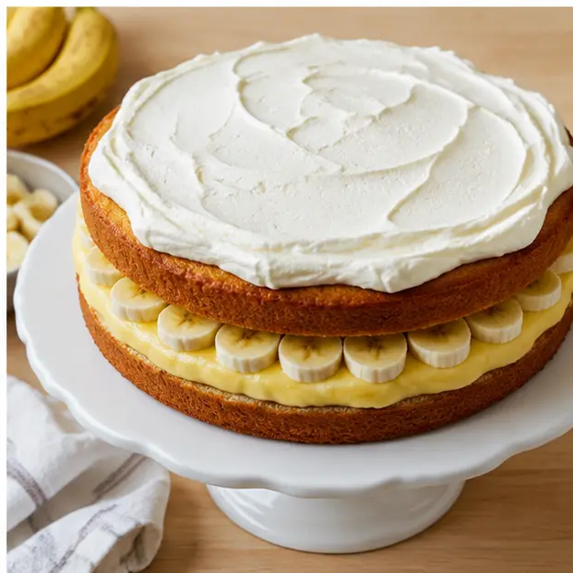 Step 4: layer the cake with pudding, banana coins, and whipped cream