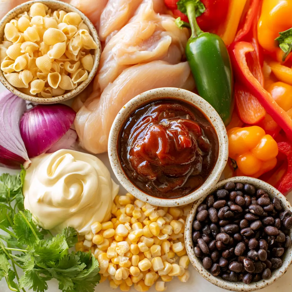 bbq chicken pasta salad - main ingredients