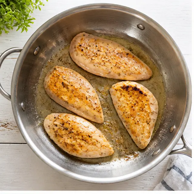 Searing chicken fillets in hot oil until golden brown