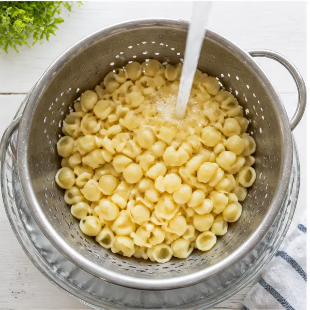 Draining and rinsing pasta shells in cold water