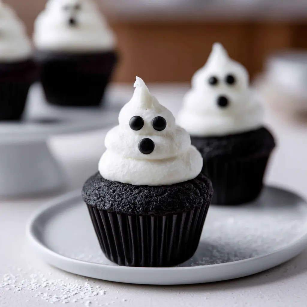 black cocoa ghost cupcakes - final presentation