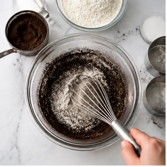 Whisking dry ingredients with black cocoa and cake flour in a glass bowl