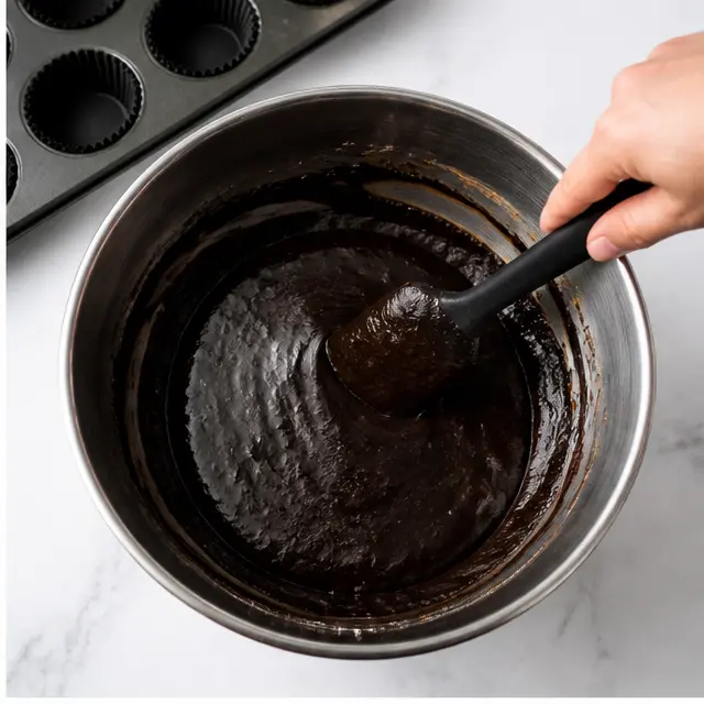 Folding the glossy dark batter until no streaks remain