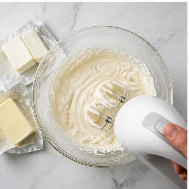 Whipping cream cheese and butter into a fluffy pale frosting
