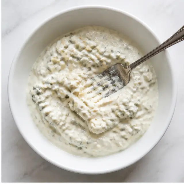 Step 2: Gently mash blue cheese crumbles into the base with a fork