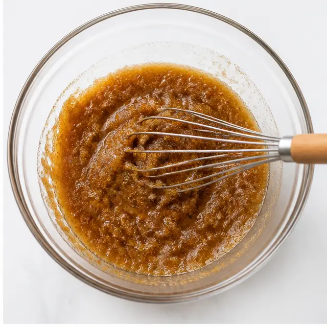 Step 2: Whisking warm browned butter into the sugars until glossy