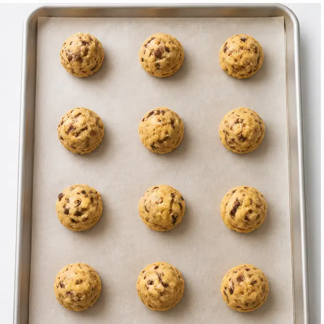Step 3: Scooping chilled cookie dough onto a lined baking sheet